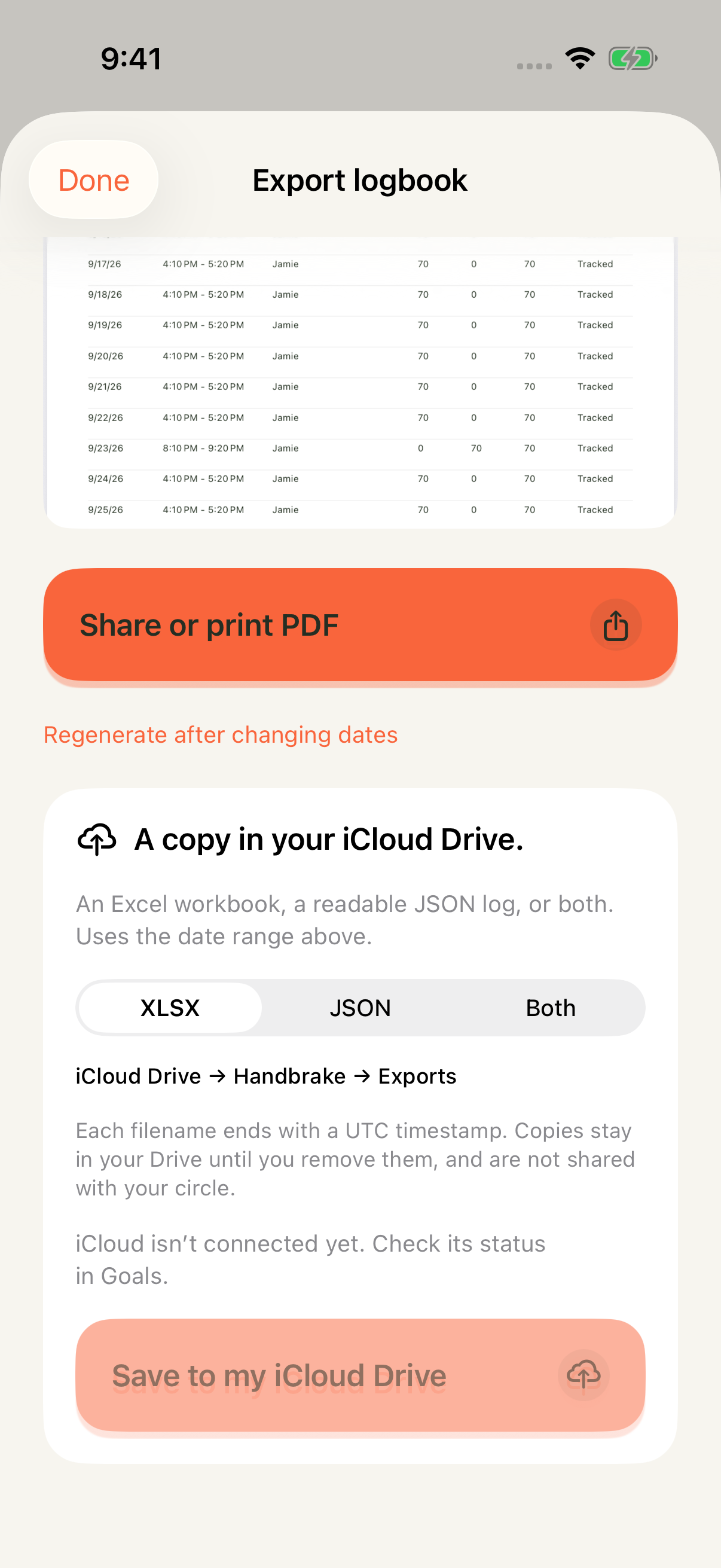 Handbrake's native PDF preview showing a paginated driving practice log.
