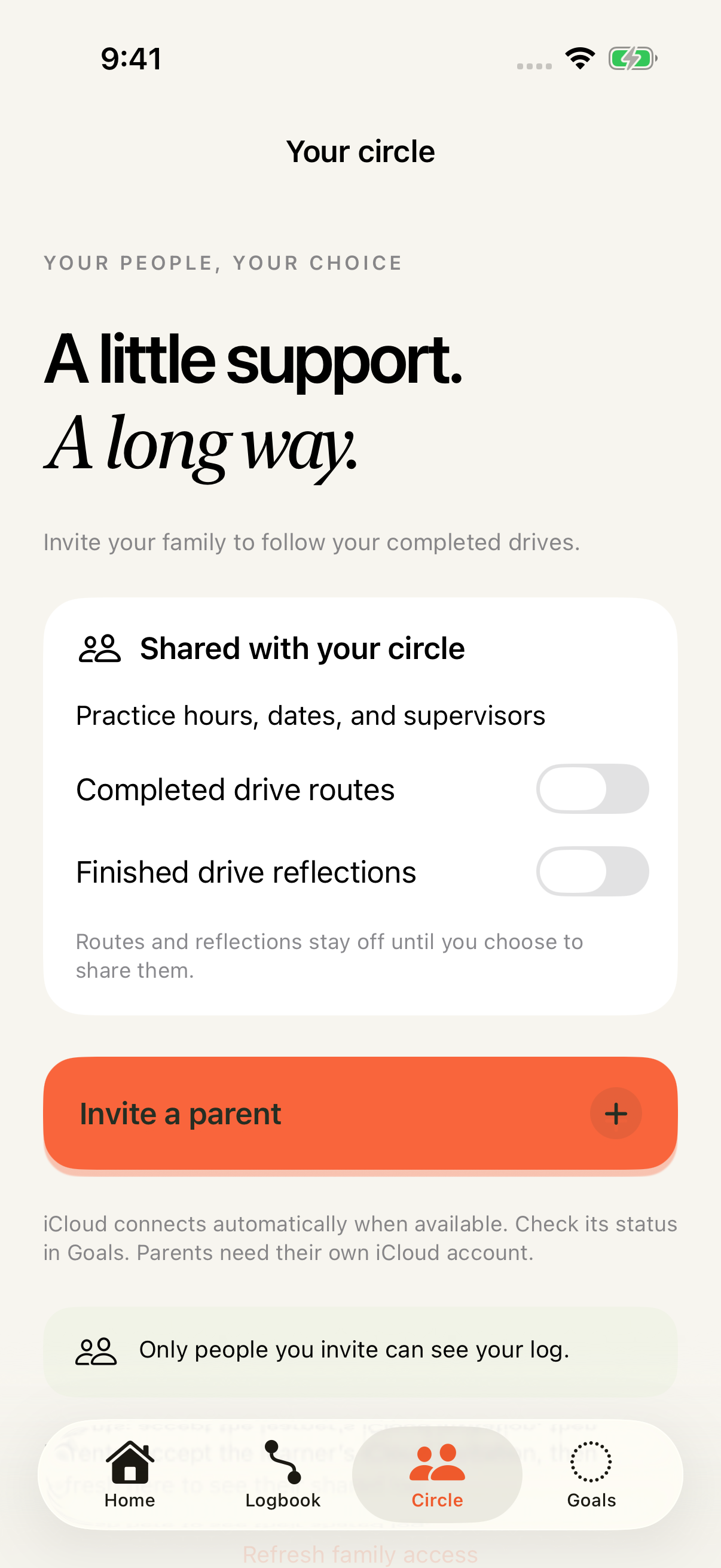 Circle privacy settings showing completed routes and reflections switched off by default.