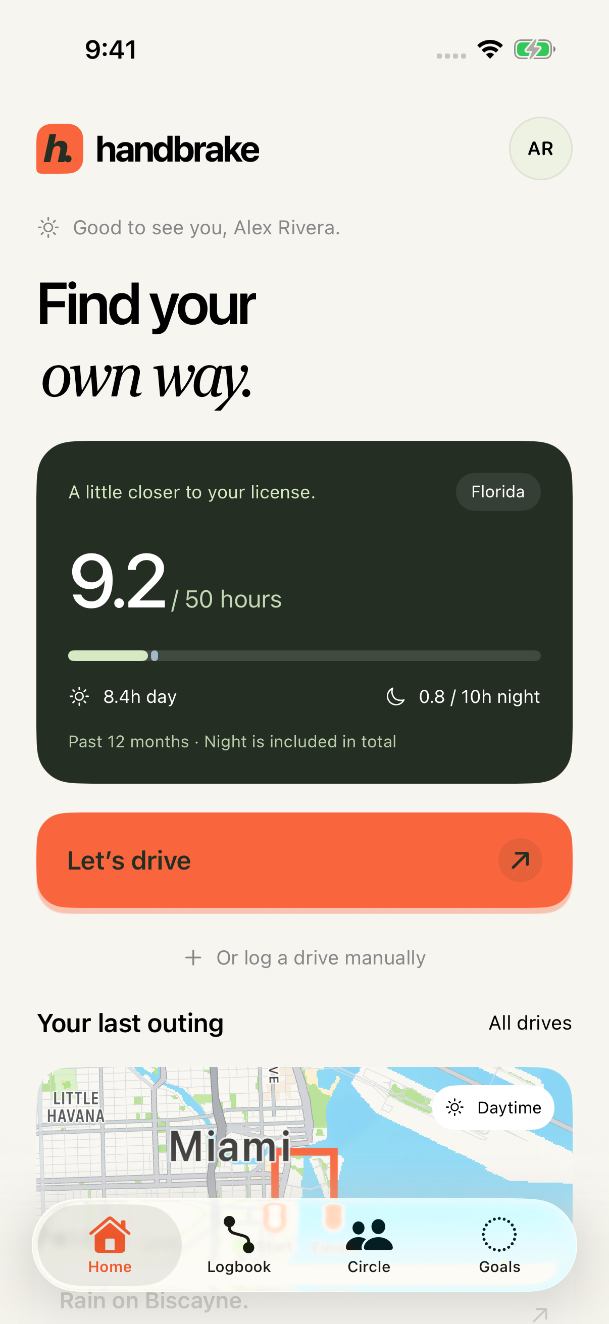 Handbrake Home with Alex's initials, day and night progress, and the Let's drive button.