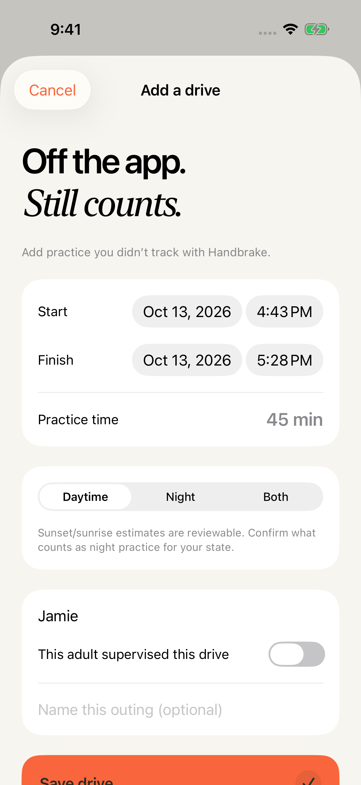 Manual drive entry with supervising adult, start and finish times, and day and night practice fields.