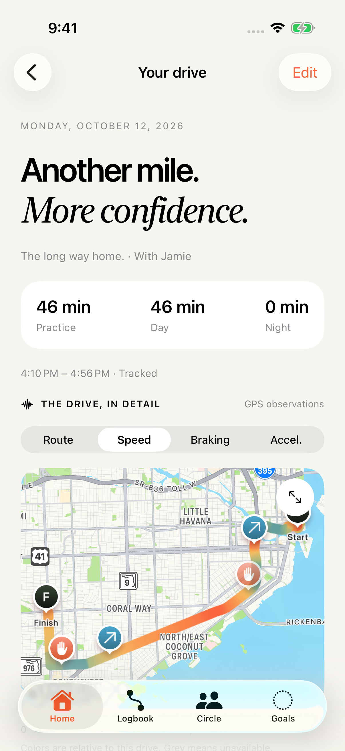 Drive details showing reviewed practice time and a recorded route on Apple Maps.
