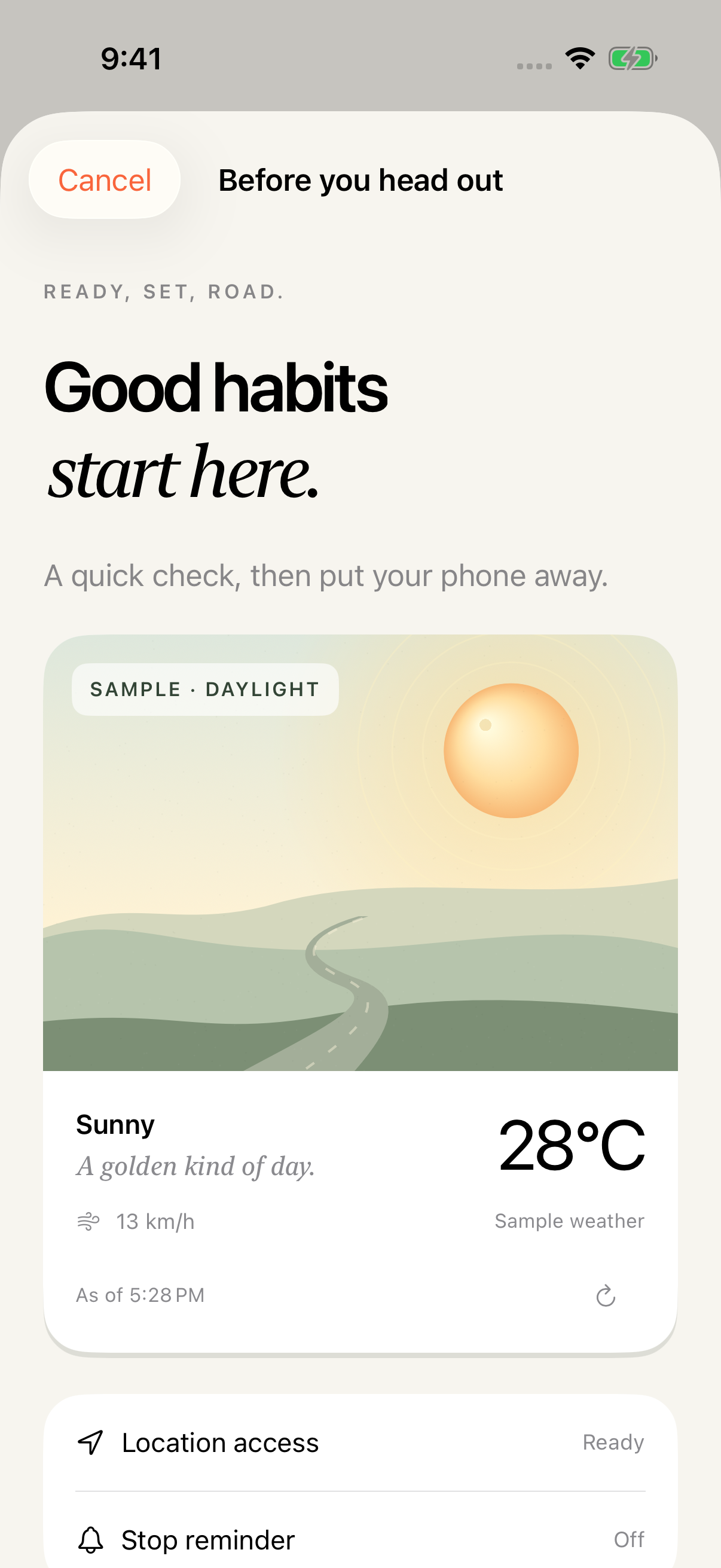 Before you head out: a native weather postcard with sunny sample conditions and temperature.